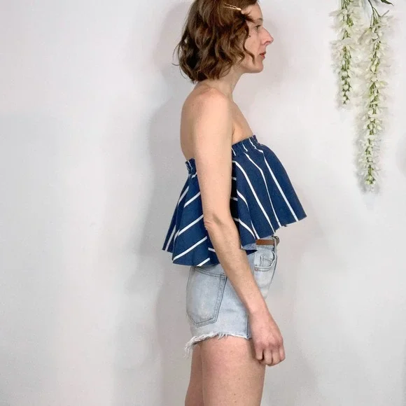 NWT FAITHFULL Suns Out Top linen strapless frayed cropped navy white striped - Picture 5 of 15